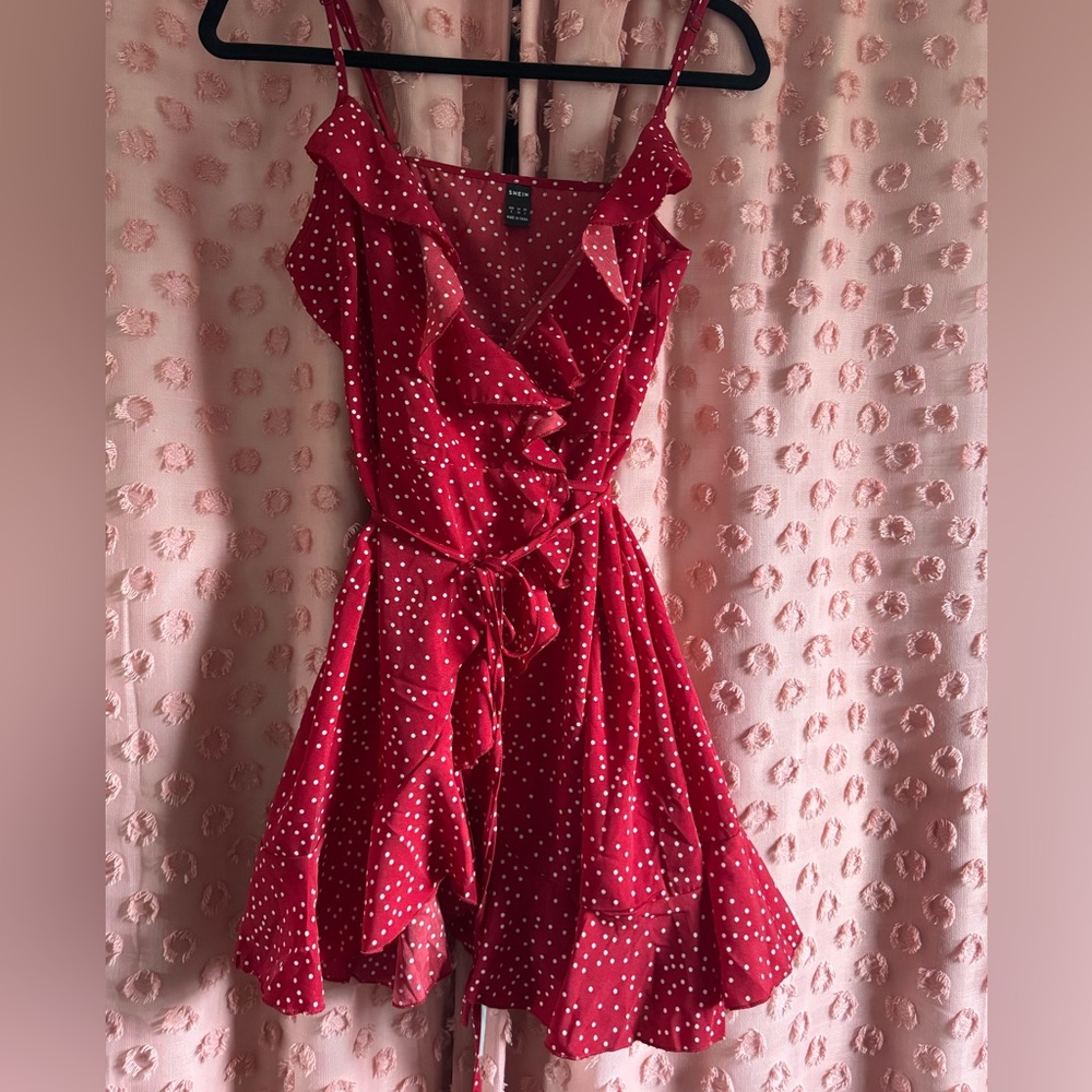 Red polka dot Wrap dress.